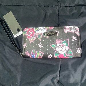 Ed Hardy Black and Pink Floral Women's Wallet